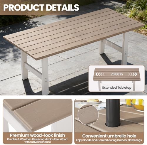 Outdoor Dining Set,7-Piece Patio Table and Chairs Set for 6, HDPE Outdoor Dining Table and Chairs with Umbrella Hole, All-Weather Patio Dining Furniture Set,White Brown