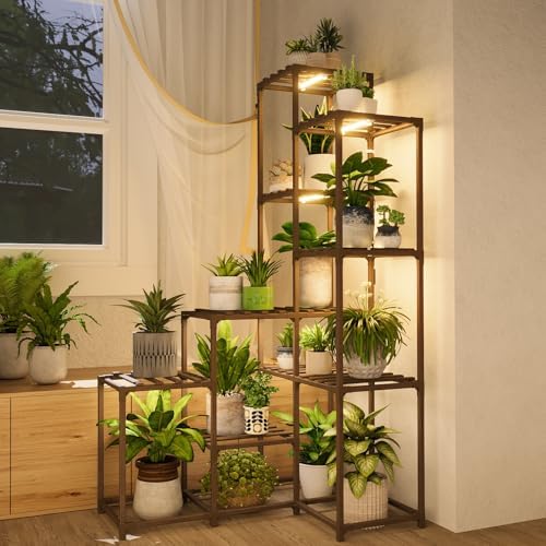Bamworld Corner Plant Stand With Grow Lights - Tall Shelf Indoor Outdoor