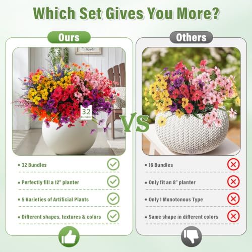 32 Bundles Artificial Flowers Plants for Outdoors, No Fade Fake Plastic Flowers Faux Plants UV Resistant Artificial Flower for Hanging Planters Outside Home Porch Indoor Spring Window Farmhouse Decor