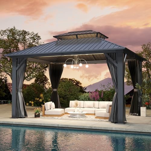 12'x14' Hardtop Gazebo, Outdoor Double Roof Galvanized Steel Gazebo, Aluminum Frame Permanent Pavilion with Curtains & Netting for Backyard, Patio, Deck (12x14)