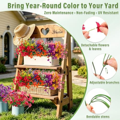 32 Bundles Artificial Flowers Plants for Outdoors, No Fade Fake Plastic Flowers Faux Plants UV Resistant Artificial Flower for Hanging Planters Outside Home Porch Indoor Spring Window Farmhouse Decor