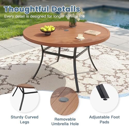 DIFY 50" Round Outdoor Patio Dining Table for 6, Metal Patio Table with 1.57" Adjustable Umbrella Hole, All-Weather Dining Furniture Table for Backyard Lawn Garden, Walnut