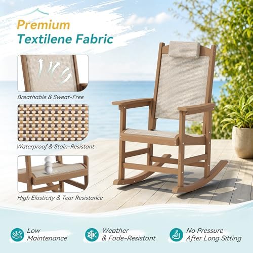 3-Piece Outdoor Rocking Chair Set, HDPE Patio Rocking Chair with Removable Headrest, Breathable Textilene & Table, All-Weather Resistant Poly Porch Rockers Set for Porch, Garden, Walnut Brown