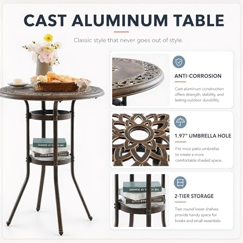3 Piece Swivel Outdoor Table and Chairs Bar Set, All-Weather Cast