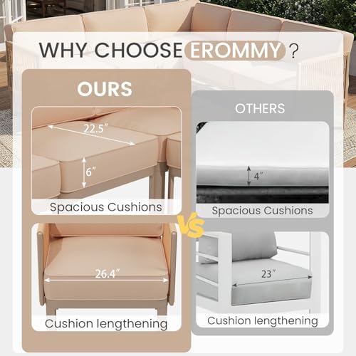 EROMMY 6-Piece Patio Sectional Sofa Set, 6" Thick Cushions, Beige