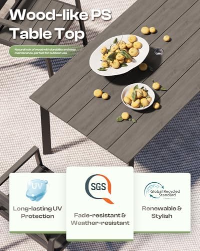 67" Rectangle HDPS Patio Dining Table, Aluminum Outdoor Patio Dining Table with Umbrella Hole, Weather-Resistant for Lawn, Garden, Yard, Poolside and Indoor Use (Gray & Teak)