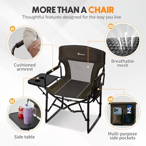 Directors Chair Foldable with Side Table, 400lb Heavy Duty for Adults Outdoor, Folding Camping Chair for Sideline Sports, Fishing, Patio, Lawn, Picnic, Beach, 2-Pack Brown