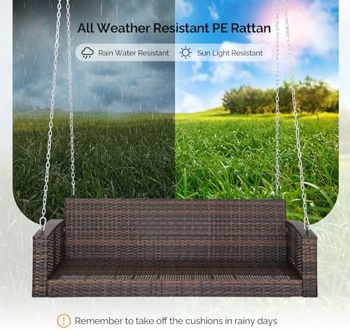 VINGLI 5FT Wicker Swing, Rattan Porch Swing, Outdoor Hanging Seat, Brown