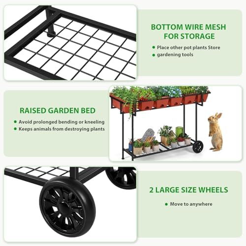 Vrisa Elevated Raised Garden Bed Outdoor with Legs 43x17x29 in Plastic Standing Planter Box with Storage Shelf and Wheels Vegetables Herbs Flowers Gardening Boxes for Backyard, Patio, Balcony, Black