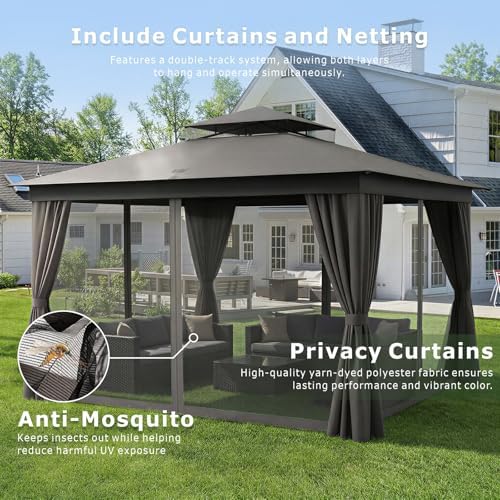 10'x12' Outdoor Patio Gazebo Canopy with Double Roofs and Mosquito Nettings