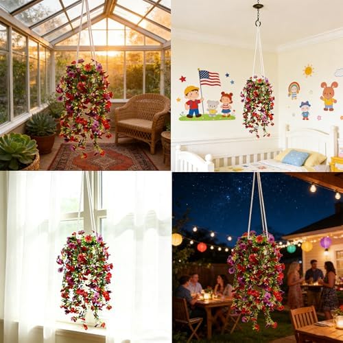 Artificial Flowers for Outdoors Fake Hanging Plants with Pot, 4pcs