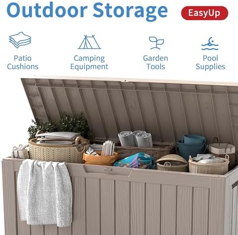EasyUp 85 Gallon Outdoor Storage Box, Resin Waterproof UV-Resistant Deck Box, Reinforced Stability for Patio, Garden, and Poolside, Striped Gray