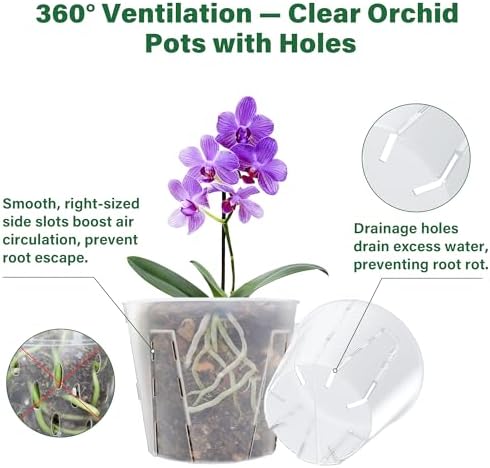 MIXC Side-Open Orchid Pot with Holes for Easy Repotting, 12 Packs 5 Inch Clear Plastic Breathable Slotted Flower Plant Nursery Planters with Drainage for Optimal Root Health Indoor Outdoor