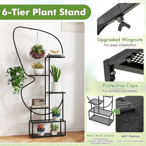 Giantex 2 Pack 6-Tier Plant Stand Indoor, Butterfly-Shaped Metal 73” Tall Ladder Plant Shelf w/ 4 Hanging Hooks, Outdoor Flowerpot Display Rack for Multiple Plants Living Room Balcony Patio Garden
