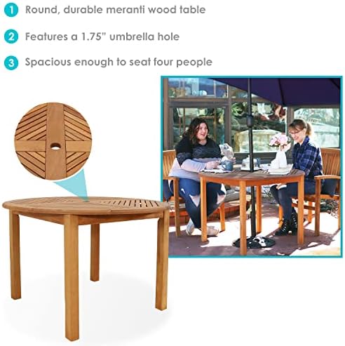 Sunnydaze Meranti Wood 42-Inch Round Patio Dining Table with Umbrella Hole