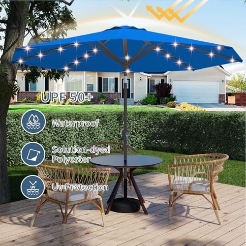 9FT Patio Umbrella with Solar Lights,Outdoor Market Umbrella with Tilt and Crank, LED Lighted Table Umbrella for Garden,Deck,Backyard,Pool,Beach