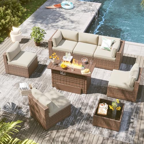 LazySunsets 8 Piece Outdoor Patio Furniture Set with 44'' Fire Pit Table, Outdoor Patio Furniture Set with 4'' Thicken Cushion, Wicker Rattan Outdoor Conversation Set for Backyard & Garden, Beige