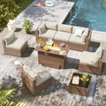 LazySunsets 8 Piece Outdoor Patio Furniture Set with 44'' Fire Pit Table, Outdoor Patio Furniture Set with 4'' Thicken Cushion, Wicker Rattan Outdoor Conversation Set for Backyard & Garden, Beige