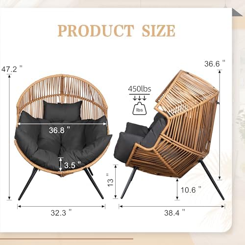 Vongrasig Outdoor Wicker Egg Chair PE Rattan Chair with Cushion, Oversized Patio Lounge Chair for Outdoor, Indoor, Balcony, Backyard, Garden, Black