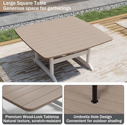 Outdoor Dining Set, HDPE 9-Piece Patio Table and Chairs Set, All-Weather Outdoor Dining Table Set for 8 with Umbrella Hole, Durable Patio Furniture Set with Chairs,White Brown