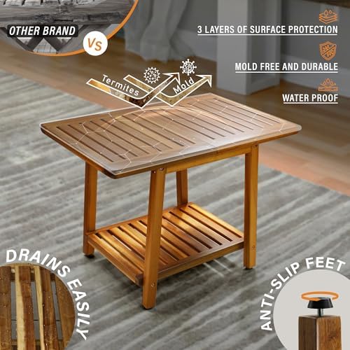ENKEZI Acacia 24 Inches Outdoor Side Table, 2-Tier Sturdy Patio, End