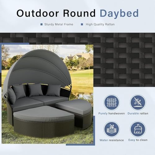 Patio Round Daybed with Canopy, Outdoor Wicker Rattan Sectional Sofa Set with Cushions, Patio Conversation Set for Backyard, Porch, Pool (Black)