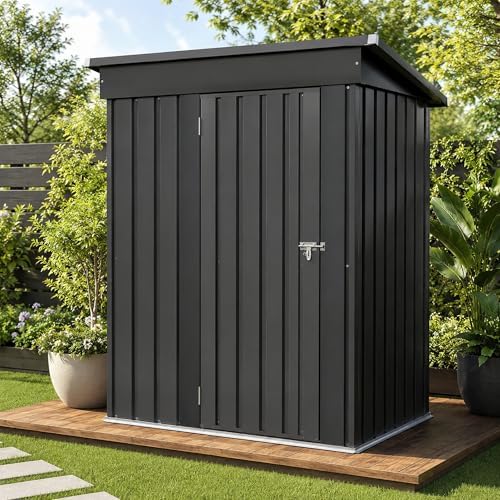 5x3 FT Outdoor Storage Shed, Metal Tool Shed with Sloping Roof and Lockable Door, Waterproof Garden Shed for Backyard, Patio, Lawn and Outdoor Storage, Black