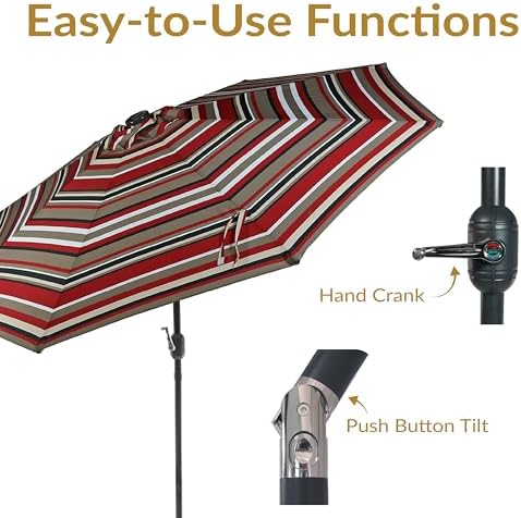 Sunnydaze 9-Foot Outdoor Patio Umbrella with Solar Lights, Awning Stripe