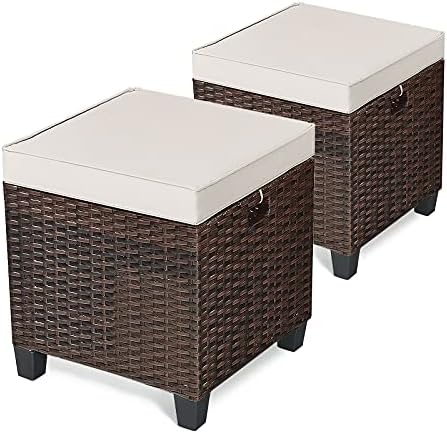 mayjooy 2-Piece Rattan Patio Ottoman, All Weather Wicker Ottoman w/Removable Cushion & Steel Frame, Outdoor Footstool Footrest Furniture (Brown) , 16”x16”x18