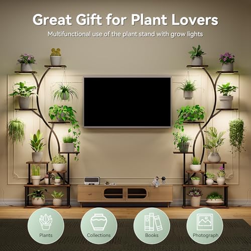 Plant Stand Indoor with Grow Lights 9 Tiered Wood Plant Shelf 62" Tall Plant Stand Metal Frame for Indoor Plants Multiple Flower Pot Holder, Large Plant Rack for Living Room Patio Corner 2 Pack