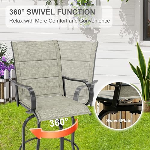 Outdoor Swivel Bar Stools Set of 2, Bar Height Patio Chairs with High Back & Armrest, All-Weather Textilene Fabric 360° Swivel Tall Barstools for Patio, Deck, Backyard, Garden