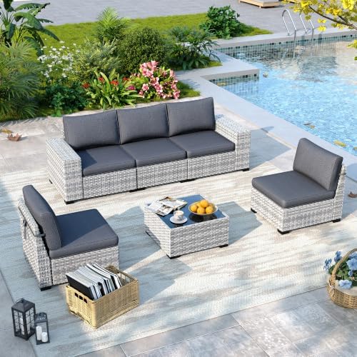 6 Piece Outdoor Wicker Patio Furniture Set Rattan Outdoor Sectional Sofa