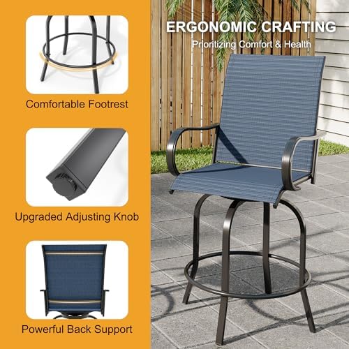 Outdoor Swivel Bar Stools Set of 2, Bar Height Patio Chairs with High Back & Armrest, All-Weather Textilene Fabric 360° Swivel Tall Barstools for Patio, Deck, Backyard, Garden