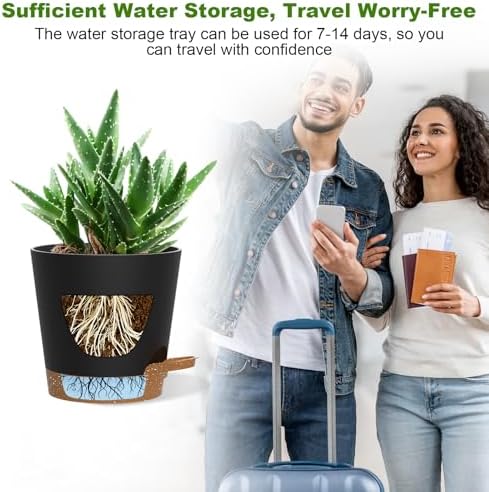 12 inch Large Self Watering Pots for Indoor Plants, Plastic Planters Pots with Multi-Mesh Drainage Holes and Saucer, Flower Pot for Indoor and Outdoor Garden Plants (Black with Brown)