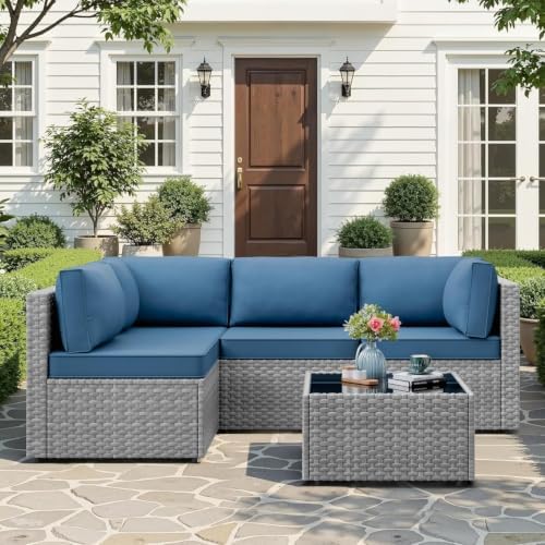 JAMFLY 5-Piece Patio Furniture Set, All-Weather Wicker Outdoor Sectional Sofa with Soft Cushions, Modular Conversation Set for Backyard, Deck, Garden & Poolside(Aegean Blue Cushion)
