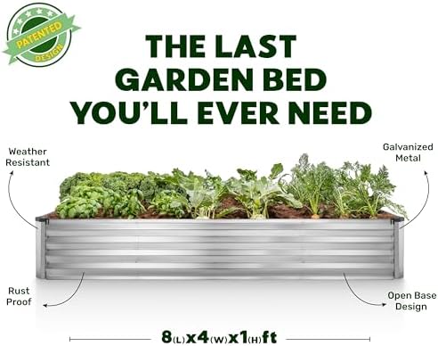 Plant & Plot Galvanized Raised Garden Beds Outdoor // 8×4×1 ft Planter Raised Beds for Gardening, Vegetables, Flowers (Silver) // Large Metal Garden Box // Patented Tool-Free Design