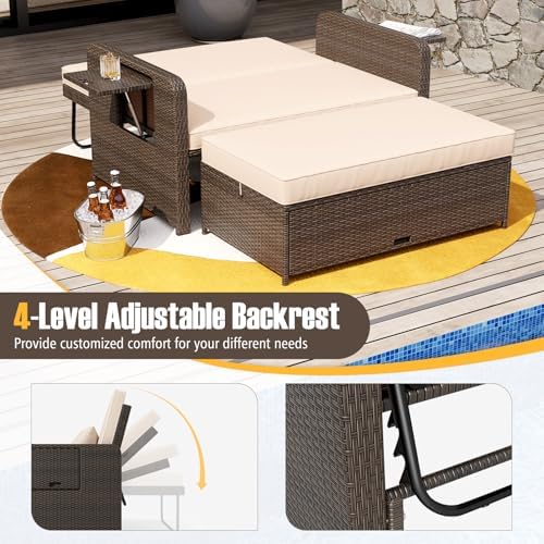 LDAILY Moccha Outdoor Daybed, Wicker Loveseat Sofa Set with 4-Postion Adjustable Backrest, Storage Ottoman, Cushions, Rattan Double Bed Lounger, Patio Furniture Set (Beige)