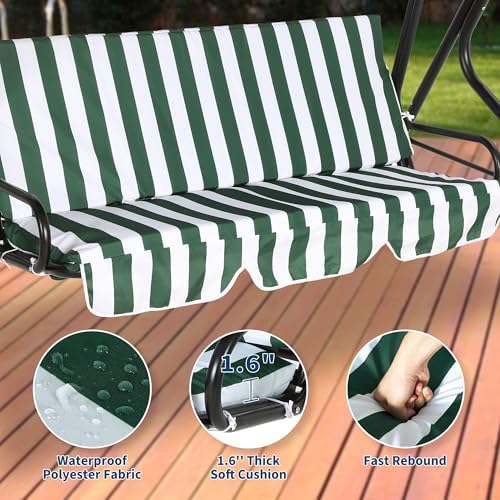 3-Seat Outdoor Patio Porch Swing with Stand, Adjustable Canopy & Thick Waterproof Cushions, Steel Frame Swing Outdoor Chair for Backyard, Front Porch, Lawn, Garden