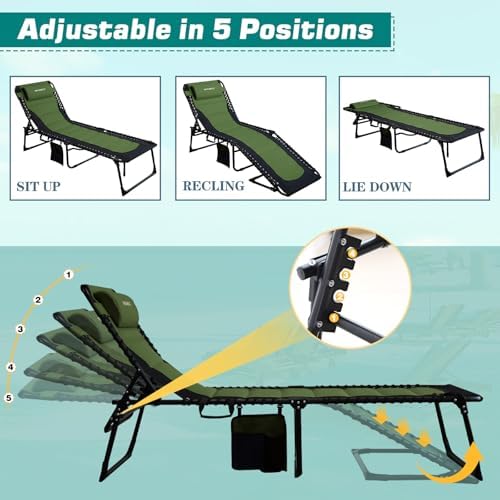 Outdoor Folding Lounge Chair Padded for Adults 264Ibs Patio Chaise Lounge Chair for Outside Adjustable 5-Position Reclining Beach Chair with Pillow Pocket