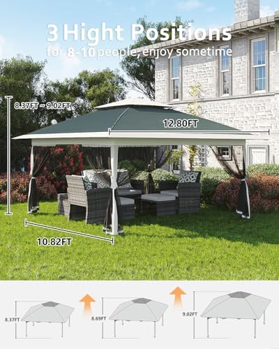 13x13 Pop Up Gazebo, Canopy Tent, Gazebos with Mosquito Netting, Outdoor Gazebo with 4 Sandbags & Wheeled Bag, Outdoor Canopy Tent for Backyard & Patio Furniture, Patio, Deck