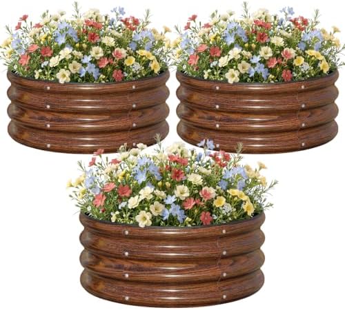 SnugNiture 3 Pcs 2x2x1ft Round Galvanized Raised Garden Bed Kit Outdoor, Metal Planter Box for Planting Plants Vegetables, Brown