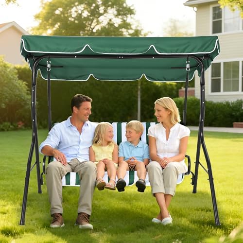 3-Seat Outdoor Patio Porch Swing with Stand, Adjustable Canopy & Thick Waterproof Cushions, Steel Frame Swing Outdoor Chair for Backyard, Front Porch, Lawn, Garden