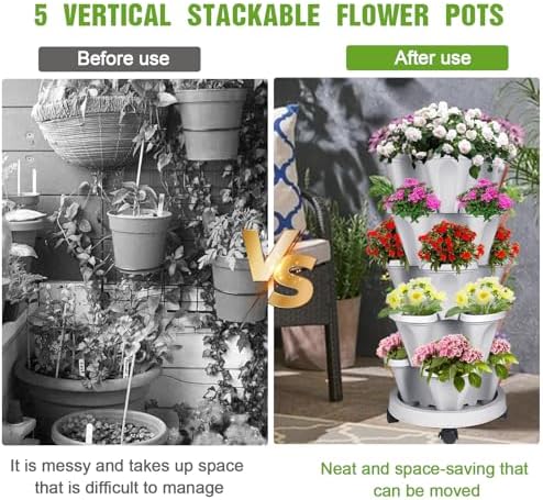 Vertical Strawberry Planter 5 Tier Stackable Tower Herb Planters-Stacking Garden Outdoor Planter Pot With Tools Mover For Succulents, Vegetables and Flowers