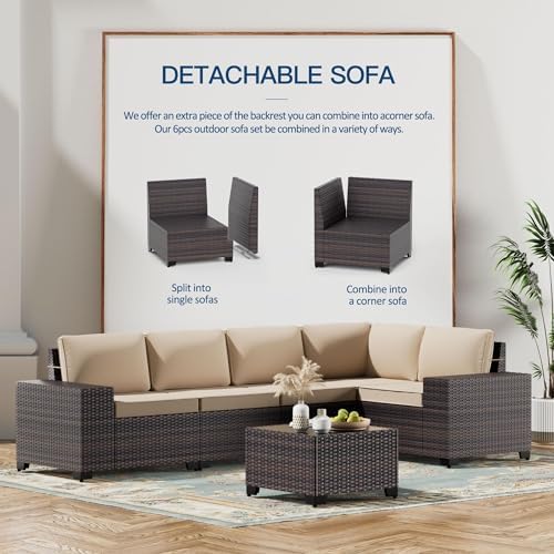 Kullavik 6PCS Outdoor Patio Furniture Set PE Wicker Rattan Sectional Sofa