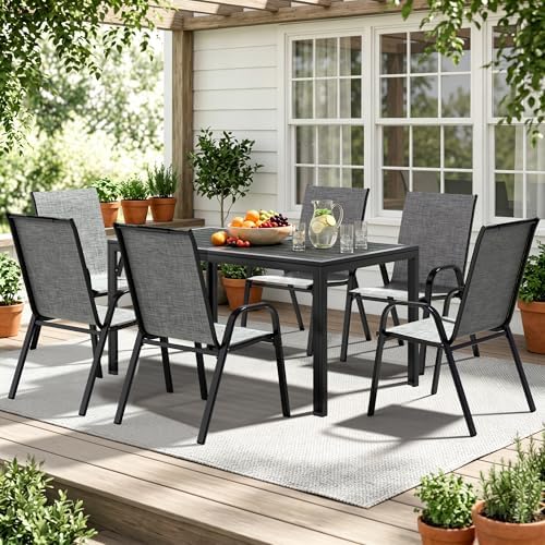 7-Piece Outdoor Dining Set, All-Weather Patio Table and Chairs Set with Umbrella Hole for 6, Steel Slat Table and 6 Textilene Chairs for Backyard, Poolside and Garden, Grey(No Umbrella)