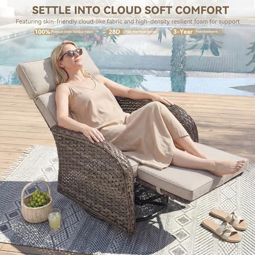 Zero Gravity Patio Swivel Recliner Chair - Wicker Outdoor Lounge Chair with Adjustable Backrest & Footrest, All Weather Reclining Rocker Chairs with Thick Cushion for Pool Deck Beige