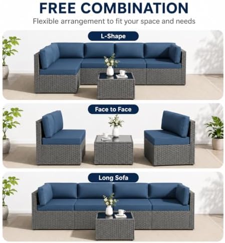 JAMFLY 5-Piece Patio Furniture Set, All-Weather Wicker Outdoor Sectional Sofa with Soft Cushions, Modular Conversation Set for Backyard, Deck, Garden & Poolside(Aegean Blue Cushion)