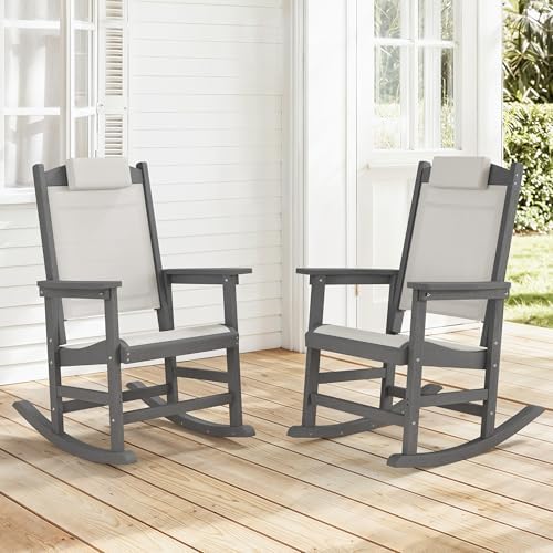 Outdoor Rocking Chair Set of 2 with Removable Headrest, HDPE All-Weather Rocker with Breathable Textilene, Patio Rocking Chairs for Adult, High Back Smooth for Porch, Garden, Dark Gray