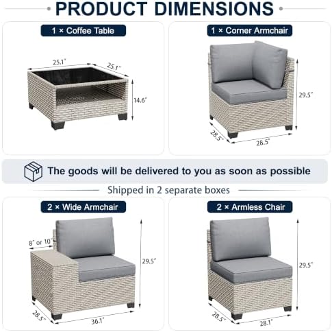 6-Piece Outdoor Patio Furniture Set, Modular Sectional Sofa Set with Glass Coffee Table and Cushions, Wicker Outdoor Couch Conversation Sets, Gray