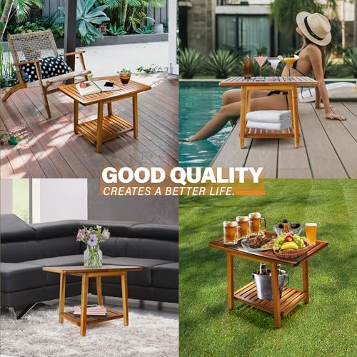 ENKEZI Acacia 24 Inches Outdoor Side Table, 2-Tier Sturdy Patio, End